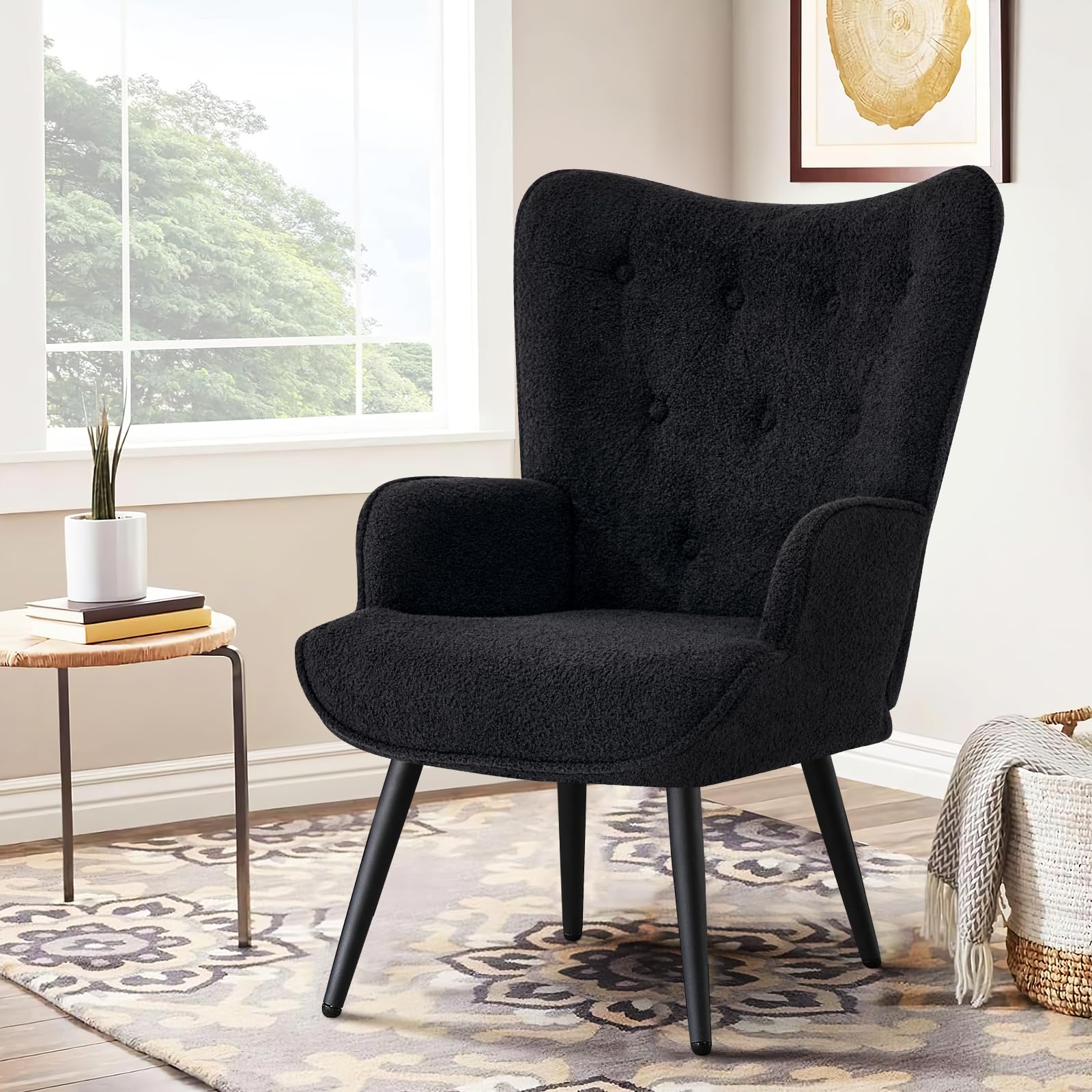 Boucle Accent Chair for Living Room, Upholstered Reading Chair with High Backrest, Tufted-Button Wingback Armchair for Bedroom, Dressing Room, Home Office, Black