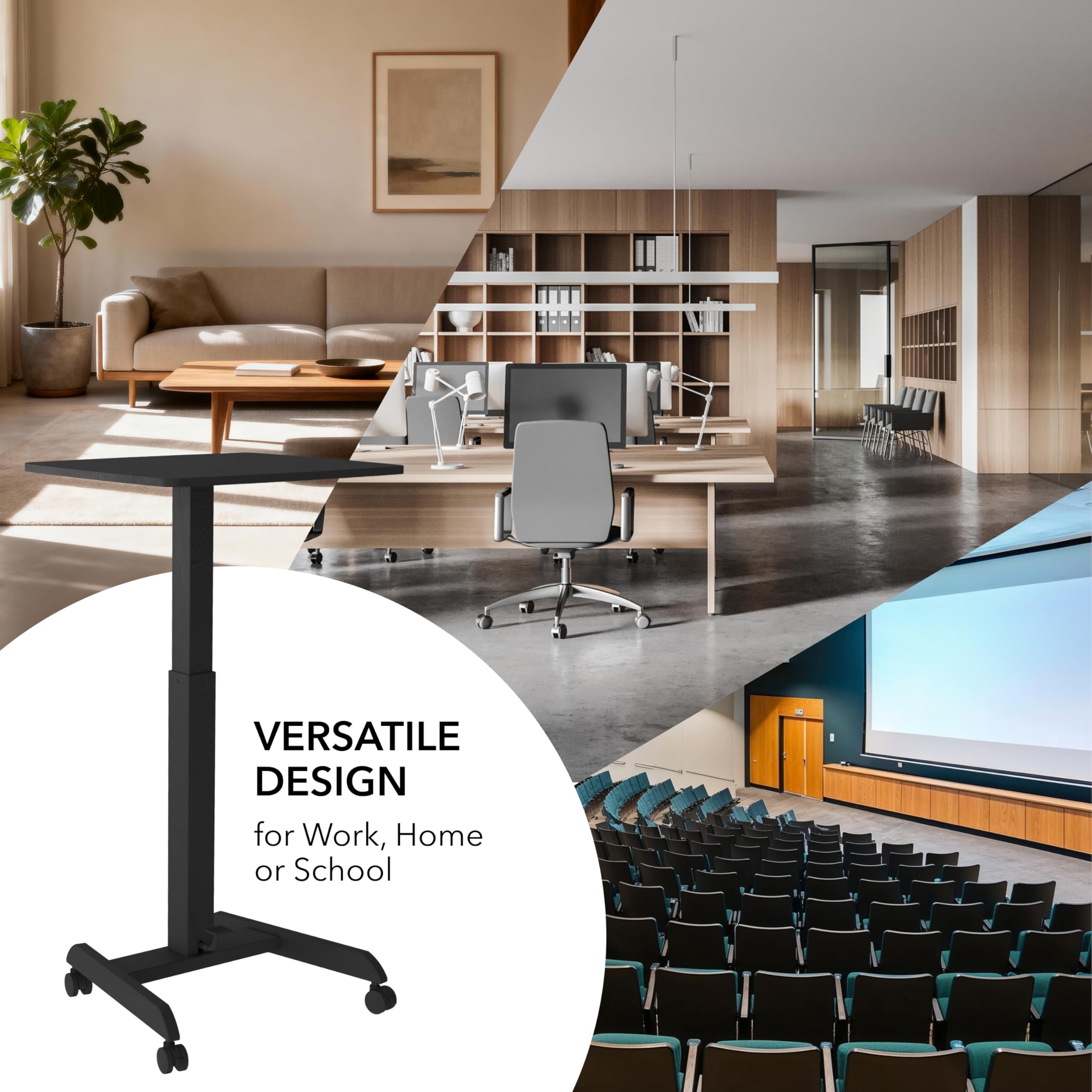 Rolling Laptop Desk Adjustable Height (29.6”-44.2”), Mobile Workstation Cart with 23.6” x 20.5” Desktop, Small Sit-Stand Desk for Home, Office, or Classroom in Black