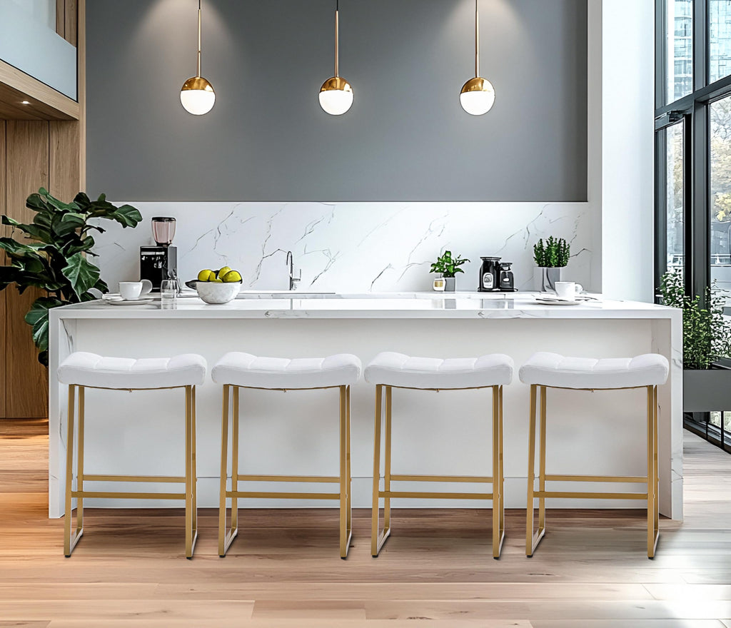 White & Gold Counter Height Bar Stools Set of 4 for Kitchen Counter Backless Kitchen Island Barstools with Upholstered Faux Leather Seat and Gold Base Modern 24 inch Bar Chairs No Back