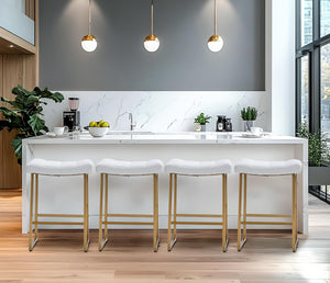 White & Gold Counter Height Bar Stools Set of 4 for Kitchen Counter Backless Kitchen Island Barstools with Upholstered Faux Leather Seat and Gold Base Modern 24 inch Bar Chairs No Back