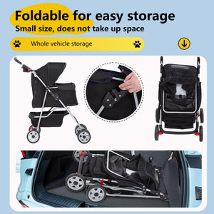 Pet Stroller 4-Wheel Dog Cat Stroller Travel Folding Carrier Puppy Stroller with Cup Holder and Removable Liner for Small Medium Dogs Cats, Black