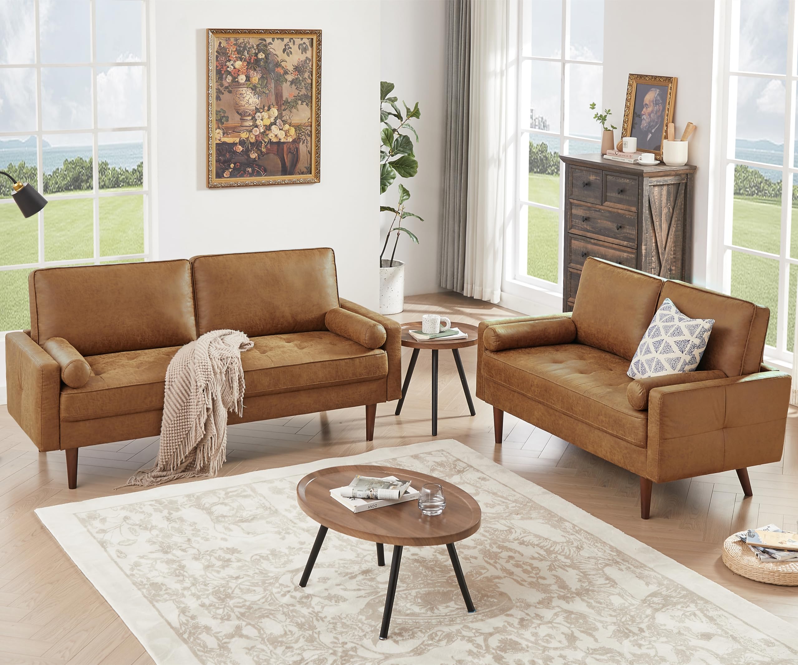 58" Loveseat Sofa Couch, Mid Century Modern Faux Leather Couch with Hand-Sewn Deep Love Seat & 2Pillows, Home Sofa Living Room Small Couches for Small Space,Bedroom,Office,Solid Wood Frame,Brown