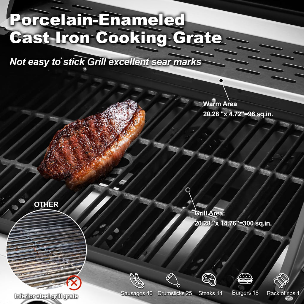 Upgraded 36,000 BTU Stainless Steel Burner Barbecue Grill, 3 Burner BBQ Propane Gas Grill with Cast Iron Grates & Side Stove for Patio, Camping, Outdoor Cooking