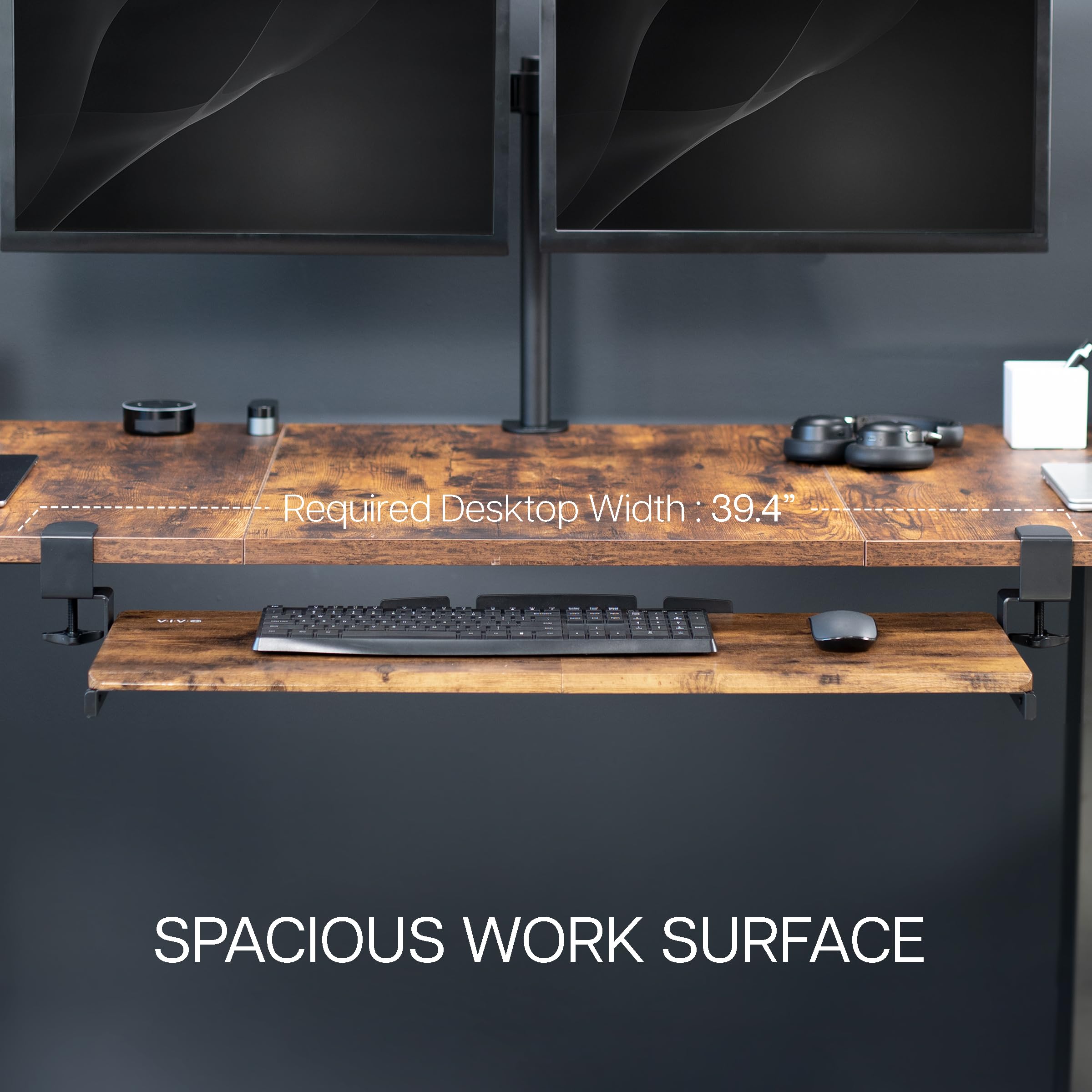 Extra Long Clamp-on Computer Keyboard and Mouse Under Desk Slider Tray, 34 x 11 inch Pull Out Platform Drawer, Rustic Vintage Brown, MOUNT-KB15EN