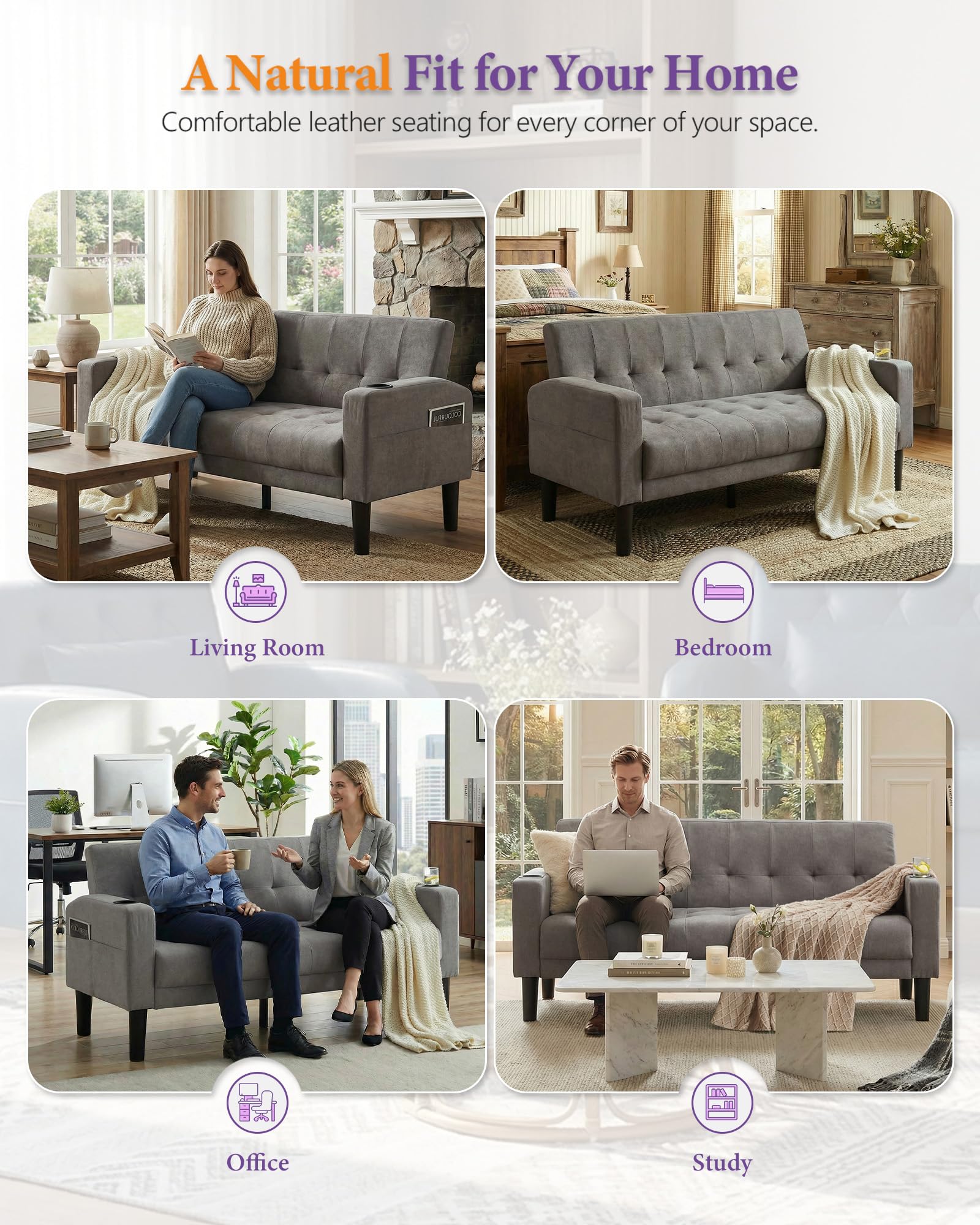 Sofa Couch 62" W Loveseat w/ 2 USB Charger Ports & 2 Cupholders, Mid-Century Modern Tufted Small Love Seat Couches for Office,Compact Living Room,Bedroom,Apartment,Dorm(Light Grey)