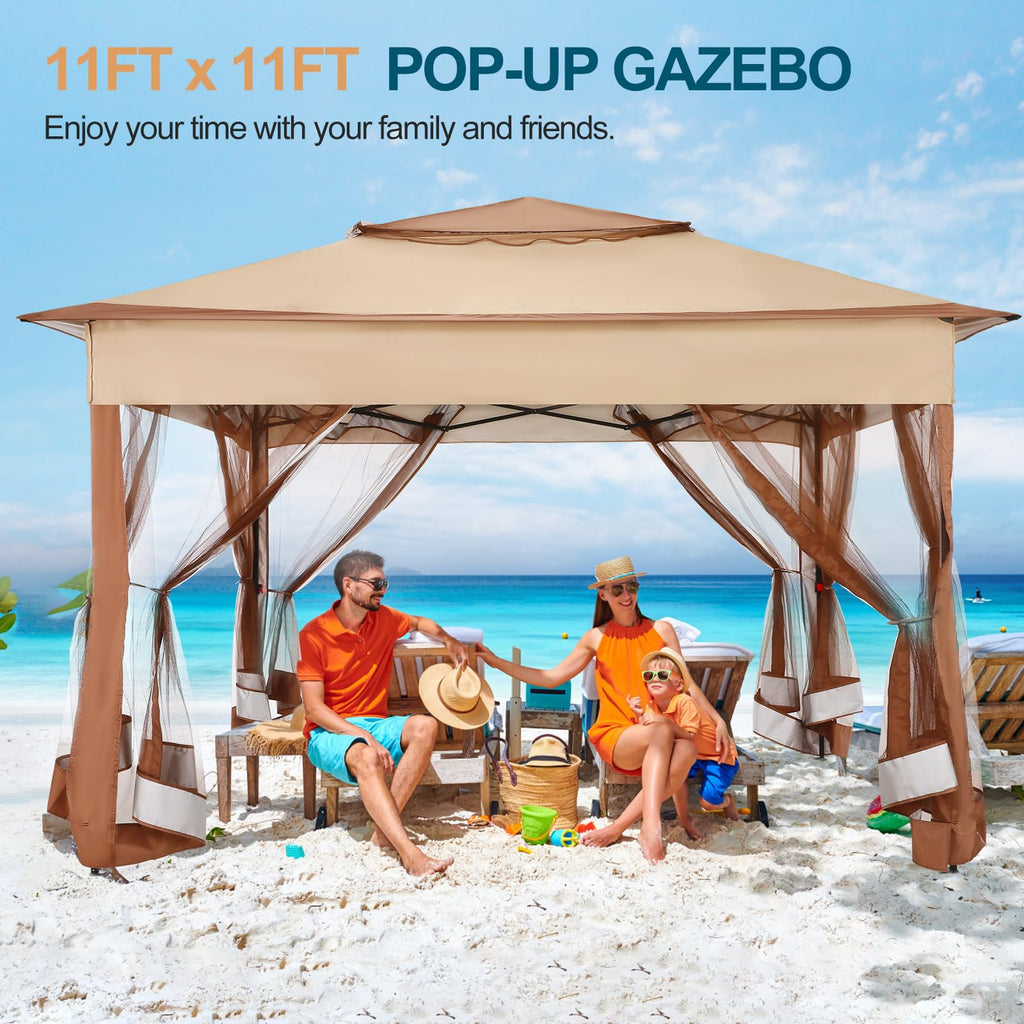 11x11 Pop Up Gazebo Canopy Tent Easy Up Outdoor Gazebo Waterproof Upgrade Portable Gazebo with Mosquito Nettings, Double Vented Roof and Carry Bag for Patio Garden Lawn(Khaki)