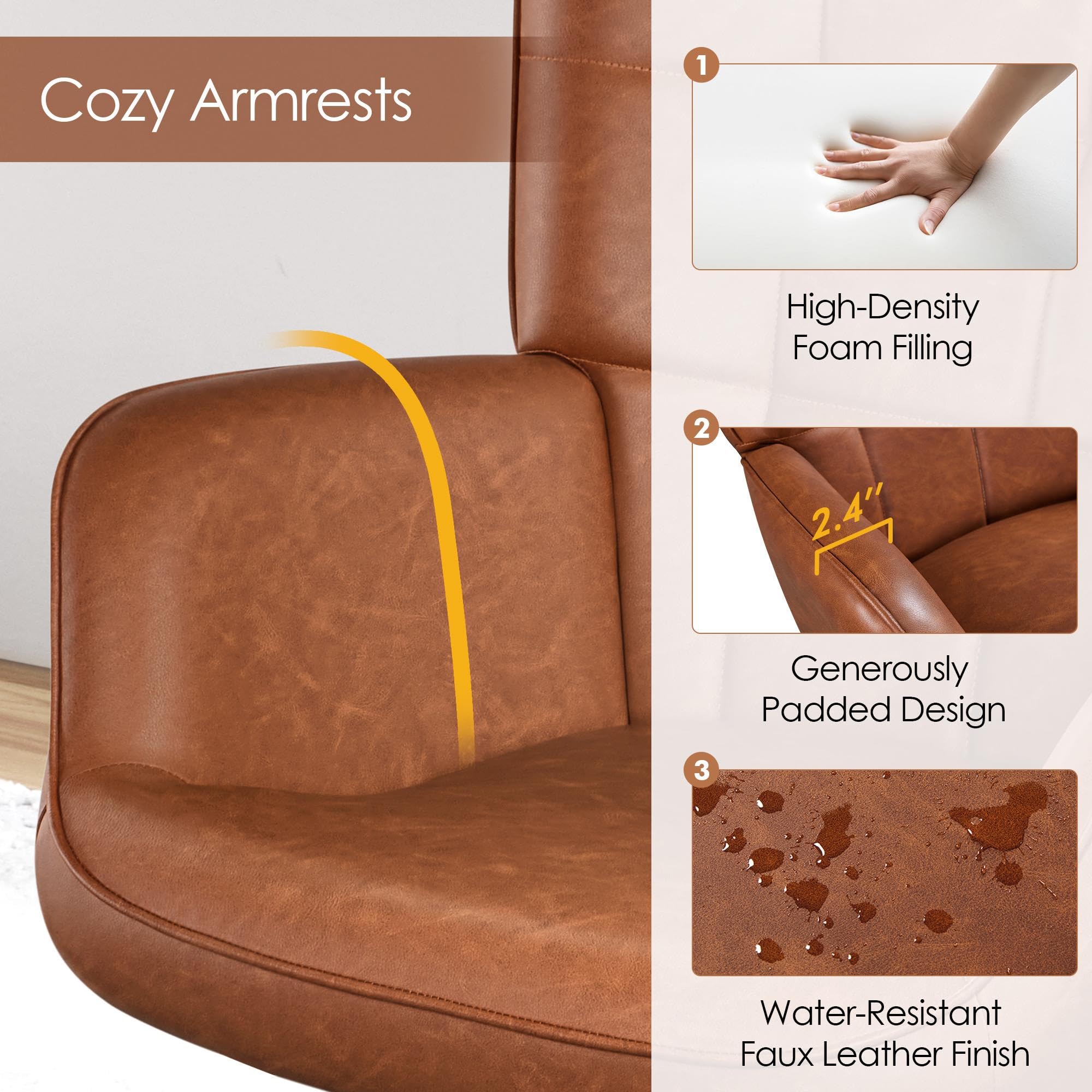 Accent Chairs, Large PU Leather High-Back Chair w/Metal Legs, Pottery Barn Style Living Room Chairs for Bedroom/Home Office, Camel