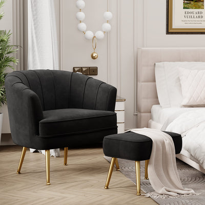 Velvet Accent Chair with Ottoman, Upholstered Modern Single Sofa Side Chair,Comfy Barrel Club Living Room Armchair with Golden Metal Legs for Bedroom Living Reading Room Office, Black