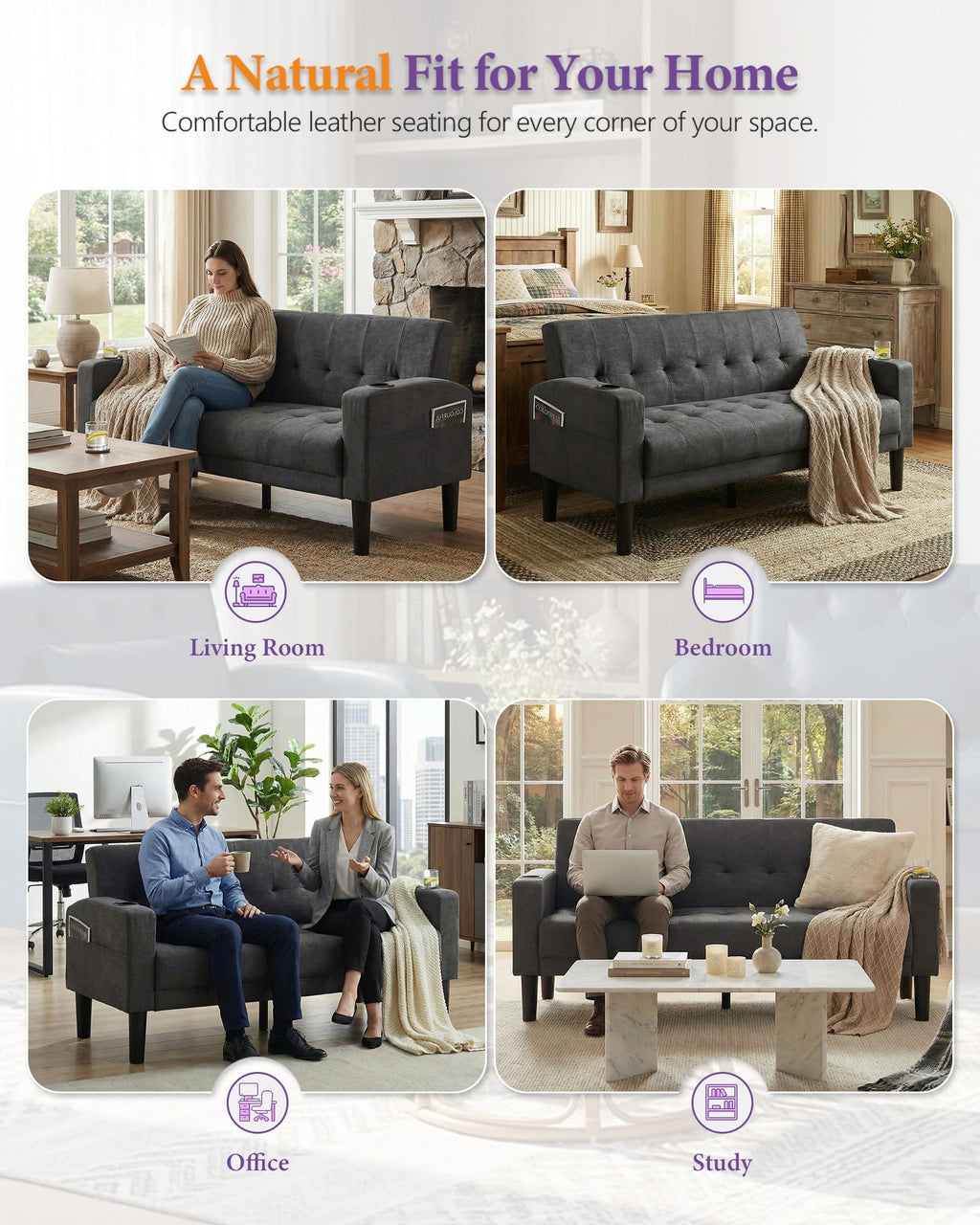 62 Inch Linen Upholstered Tufted Mid-Century Modern Loveseat Sofa w/ 2 USB Charger Ports and 2 Cupholders, Small Love Seat Couches for Living Room, Bedroom, Apartment, Dorm (Dark Grey)