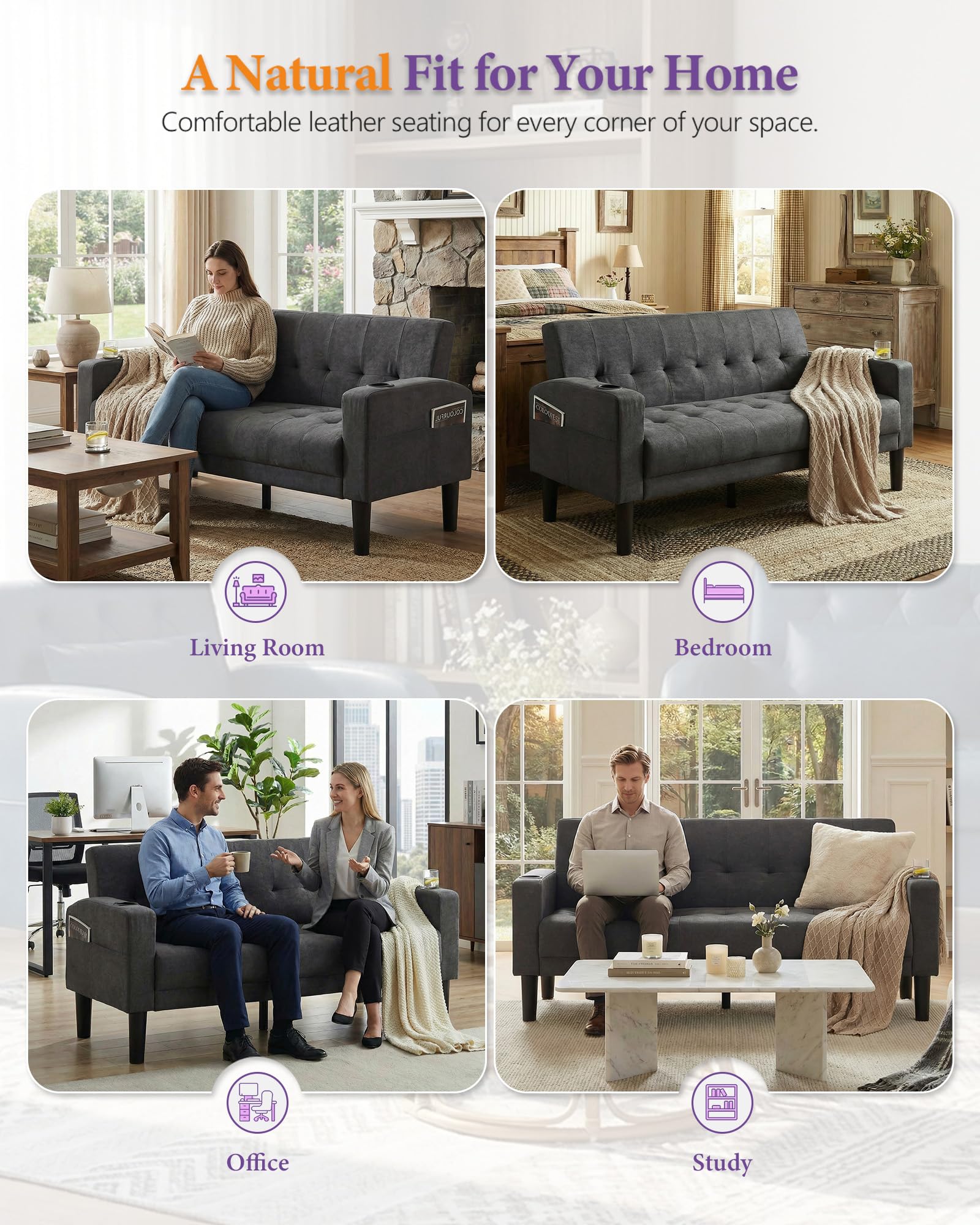 62 Inch Linen Upholstered Tufted Mid-Century Modern Loveseat Sofa w/ 2 USB Charger Ports and 2 Cupholders, Small Love Seat Couches for Living Room, Bedroom, Apartment, Dorm (Dark Grey)