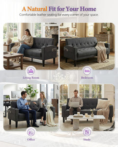 62 Inch Linen Upholstered Tufted Mid-Century Modern Loveseat Sofa w/ 2 USB Charger Ports and 2 Cupholders, Small Love Seat Couches for Living Room, Bedroom, Apartment, Dorm (Dark Grey)