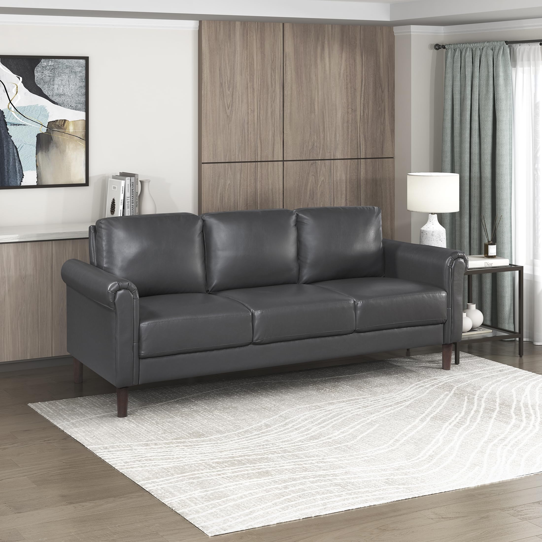 79" W Sofa Couch, Faux Leather Upholstered 3-Seater with Rolled Arms & Wood-Look Feet, Pocket Coil Support, Traditional Living Room, Office or Waiting Room Seating - Dark Gray