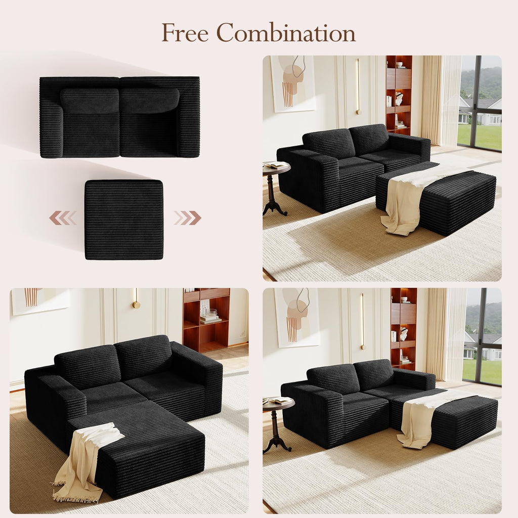 80" Modular Sectional Sofa, Corduroy Cloud Couch with Deep Seats & Spring Support, Compact 2 Seater Boneless Couch, L-Shaped Modular Sofa for Small Spaces, Apartments, No Assembly, Black