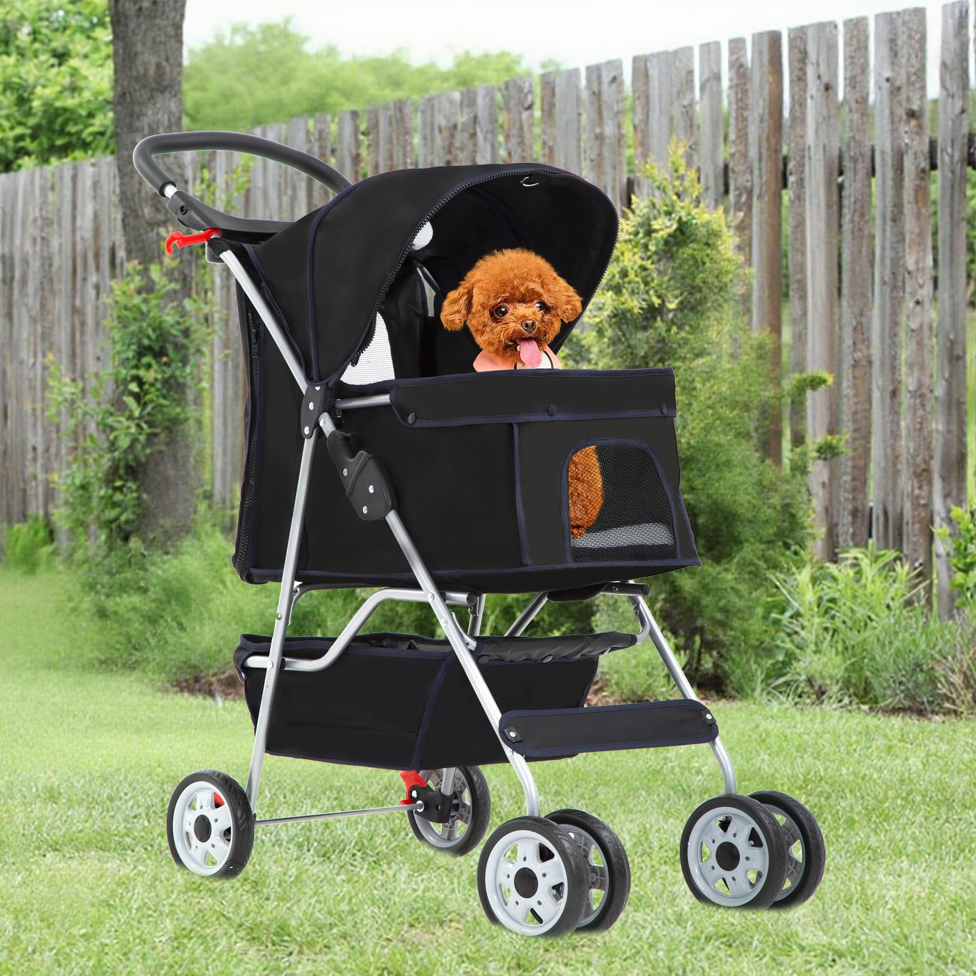Pet Stroller 4-Wheel Dog Cat Stroller Travel Folding Carrier with Cup Holder and Removable Liner for Small Medium Dogs Cats, Dark Black
