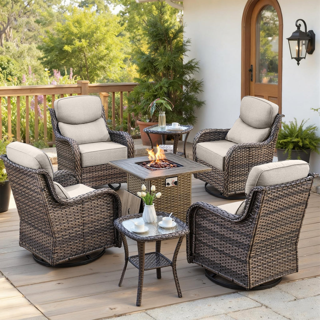 Luxury 6" Thick Cushioned Outdoor Swivel Rocker Chairs Set of 4 with Fire Pit Table, High Back Wicker Patio Furniture Set with Ergonomic Zone Back, Conversation Set for Deck Porch - Grey+Beige
