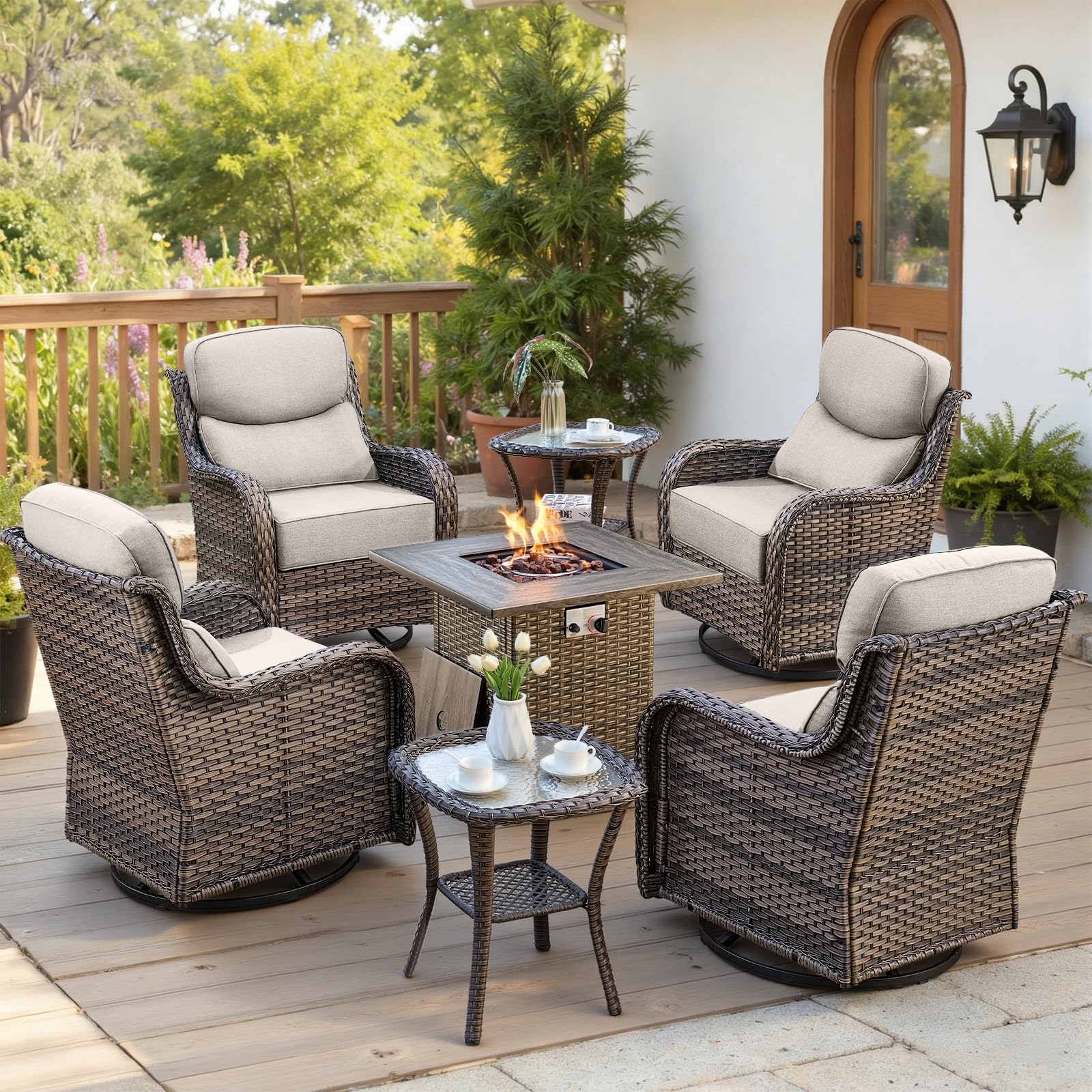 Luxury 6" Thick Cushioned Outdoor Swivel Rocker Chairs Set of 4 with Fire Pit Table, High Back Wicker Patio Furniture Set with Ergonomic Zone Back, Conversation Set for Deck Porch - Grey+Beige