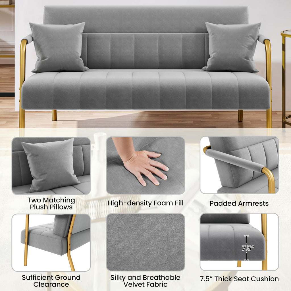 56.5" W Modern Sofa Small Sofa Luxurious Velvet Fabric Couch with Gold-Tone Metal Arms and Legs for Living Room, Home Office, Studio Light Gray