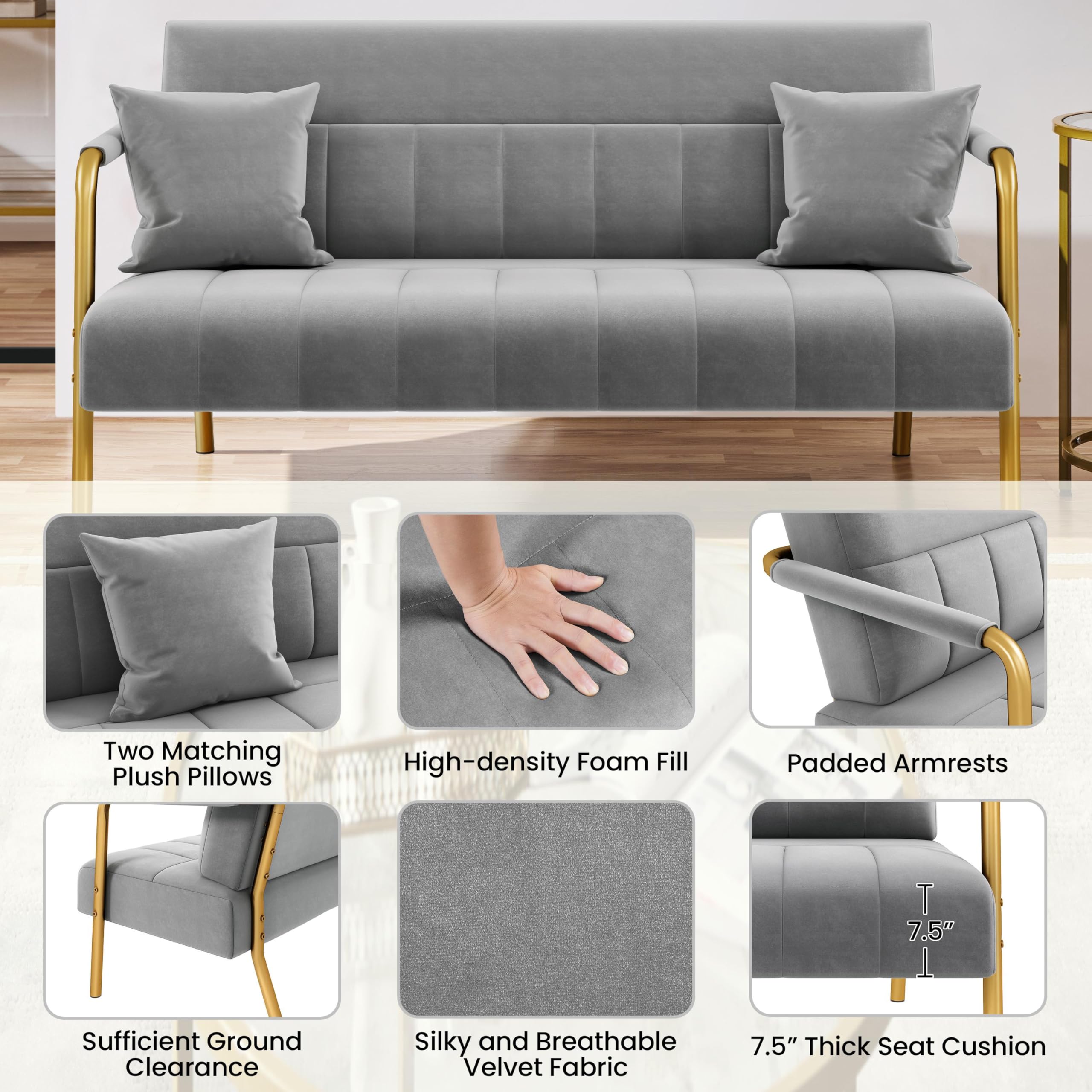 56.5" W Modern Sofa Small Sofa Luxurious Velvet Fabric Couch with Gold-Tone Metal Arms and Legs for Living Room, Home Office, Studio Light Gray