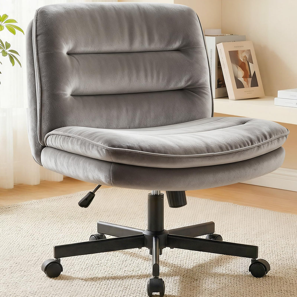 Criss Cross Office Chair with Wheels Armless Desk Chair Comfy, Modern Vanity Chair for Home Bedroom, Comfortable Wide Seat for Lower Back Pain Relief, Soft Velvet, Gray