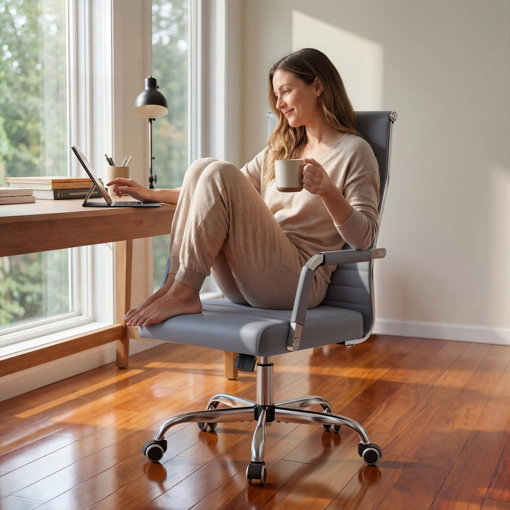 Ergonomic Office Desk Chair, Executive Ribbed Mid-Back PU Leather Conference Room Chair Adjustable Swivel Chair with Arms (2, Grey)