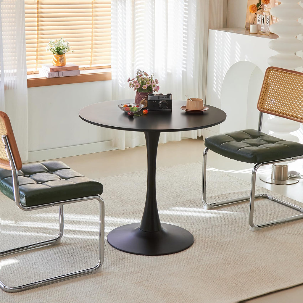 Round Dining Table, 31.5" Circle Tulip Table with Thickened Tabletop & Metal Pedestal, Mid Century Modern Bistro Table for Kitchen, Small Places, Living Room, Cafe (Black)