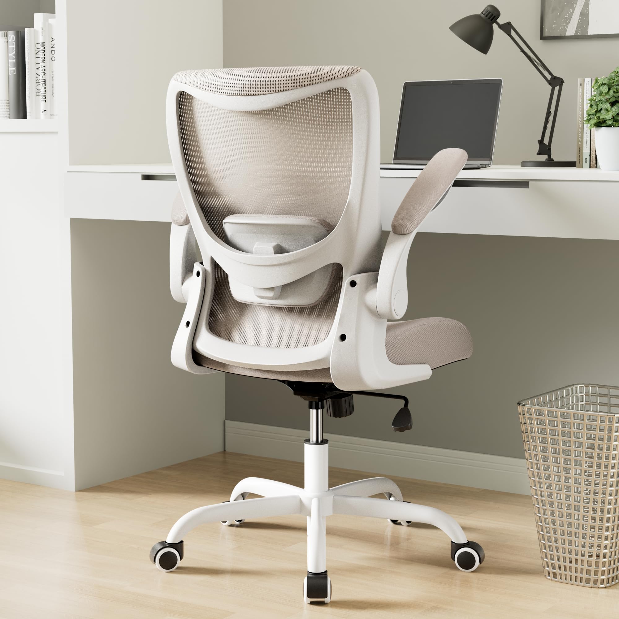 Office Chair, Ergonomic Desk Chair with Adjustable Lumbar Support and Flip up Armrest, Breathable Mesh Computer Chair for Home Office, Khaki