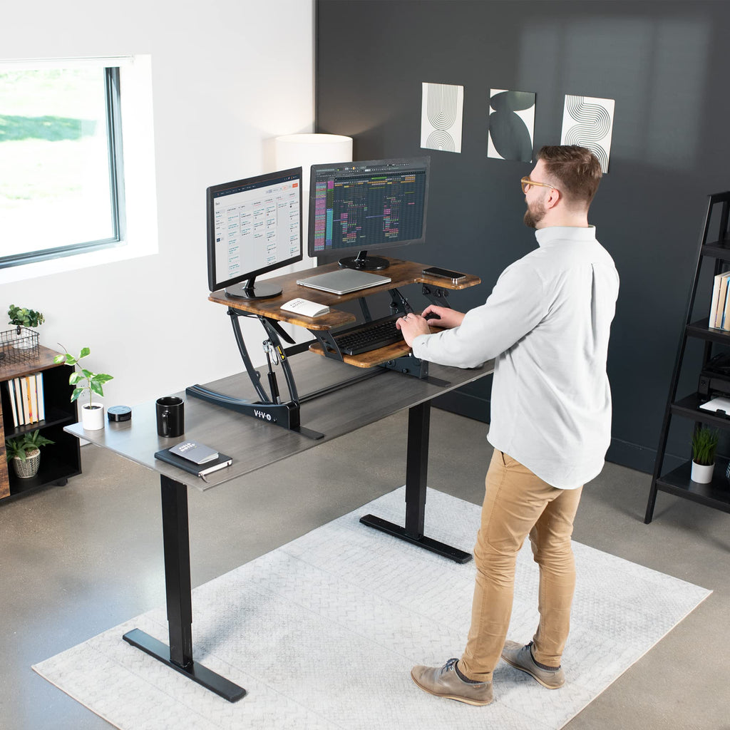 36 inch Height Adjustable Stand Up Desk Converter, V Series, Quick Sit to Stand Tabletop Dual Monitor Riser Workstation, Rustic Vintage Brown Top, Black Frame, DESK-V000VN