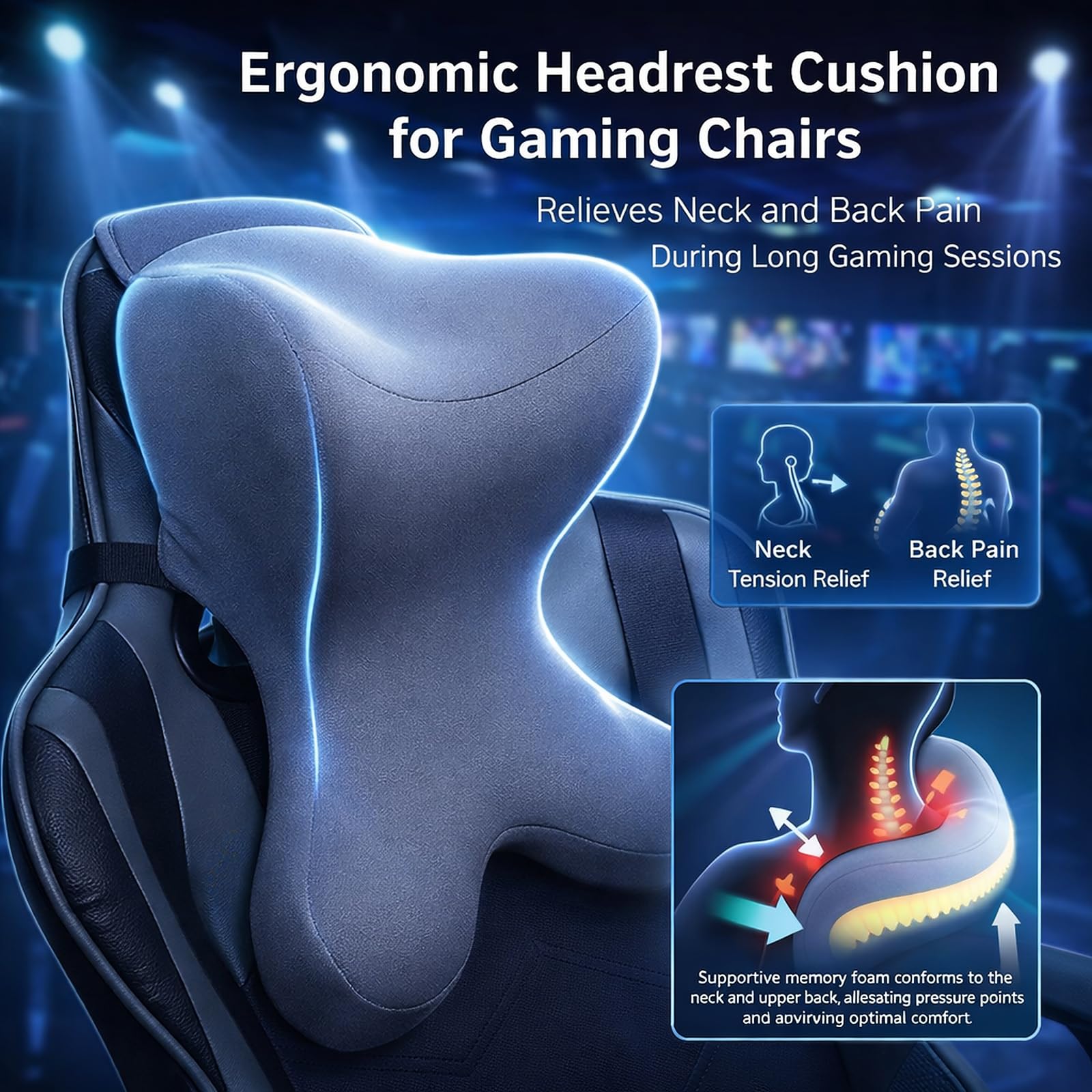 Neck Pillow for Driving Seat headrest Pillow/Gaming Chair Pillow with Adjustable Strap Removable Cover Ergonomic Design Neck Support Pillow for Car, Office Chair, Gaming Chair (Grey)