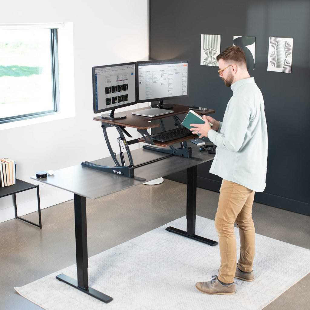36 inch Height Adjustable Stand Up Desk Converter, V Series, Quick Sit to Stand Tabletop Dual Monitor Riser Workstation, Dark Walnut Top, Black Frame, DESK-V000VD