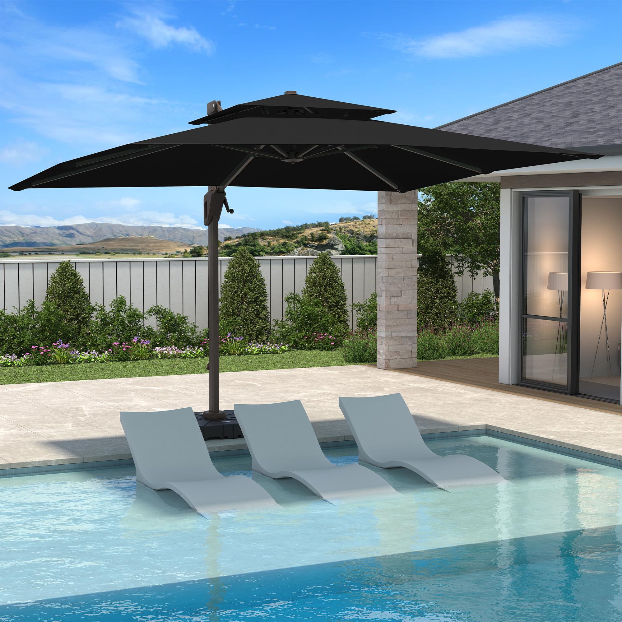 10 X 13 FT Cantilever Patio Umbrella with Base Included Outdoor Heavy Duty Double Top Windproof Rectangle Offset Umbrellas with 360-degree Rotation for Pool Deck Backyard, Black