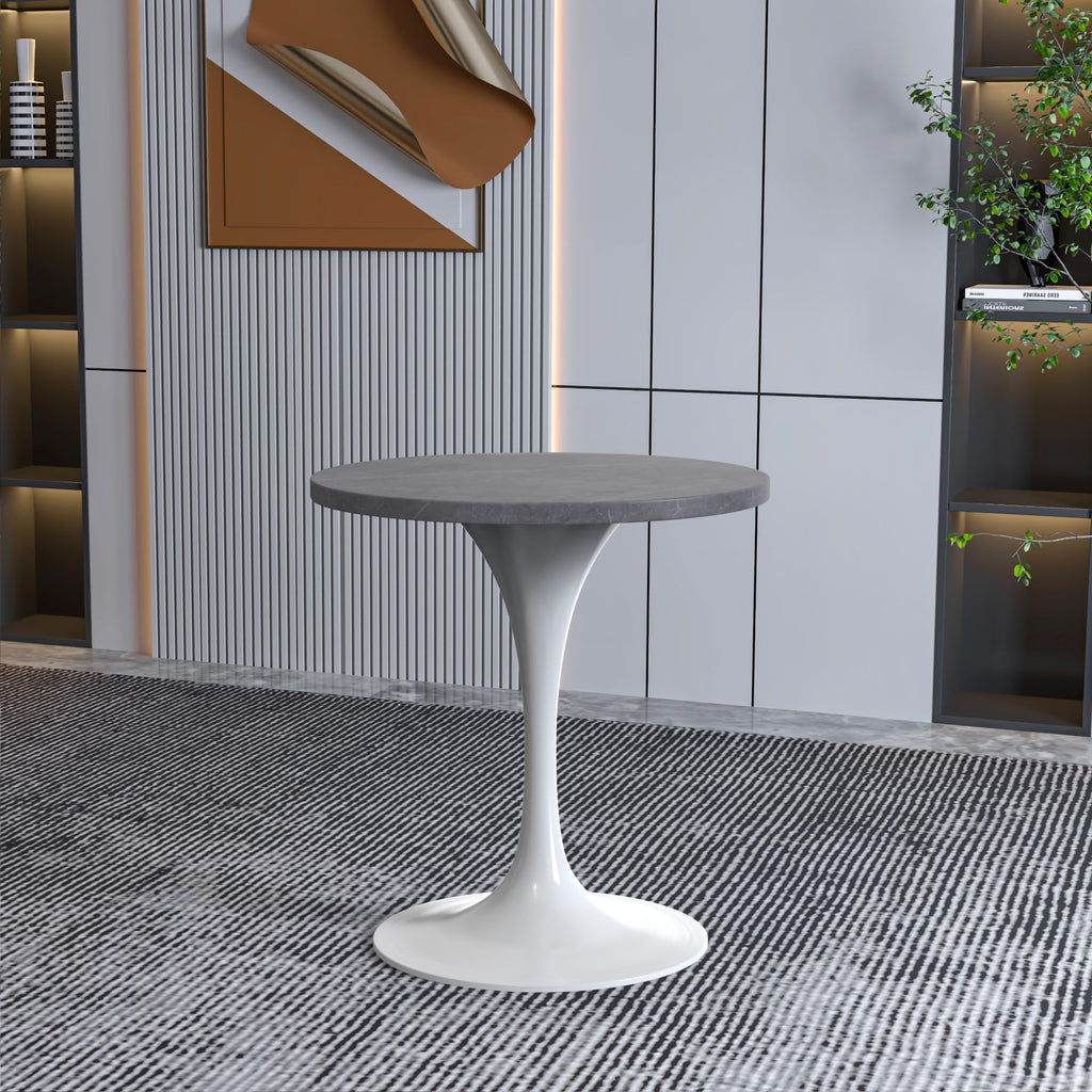 Mid-Century Modern Dining Table with a 27" Round Sintered Stone Tabletop and White Stainless Steel Pedestal Base for Kitchen and Dining Room (Grey)