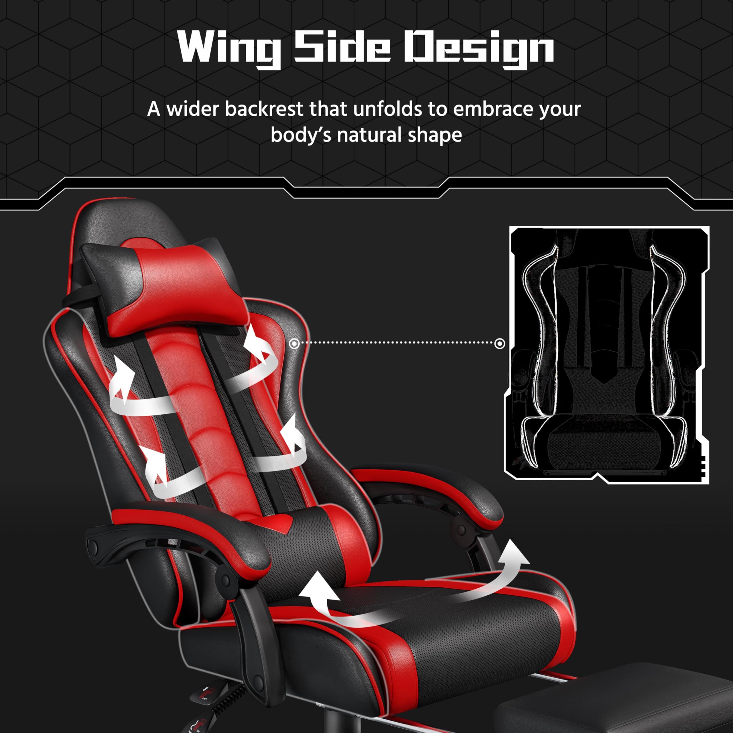 Gaming Chair, Video Game Chair with Massage Lumbar Support and Footrest Height Adjustable Ergonomic Computer Chair with Swivel Seat and Headrest, Black/Red