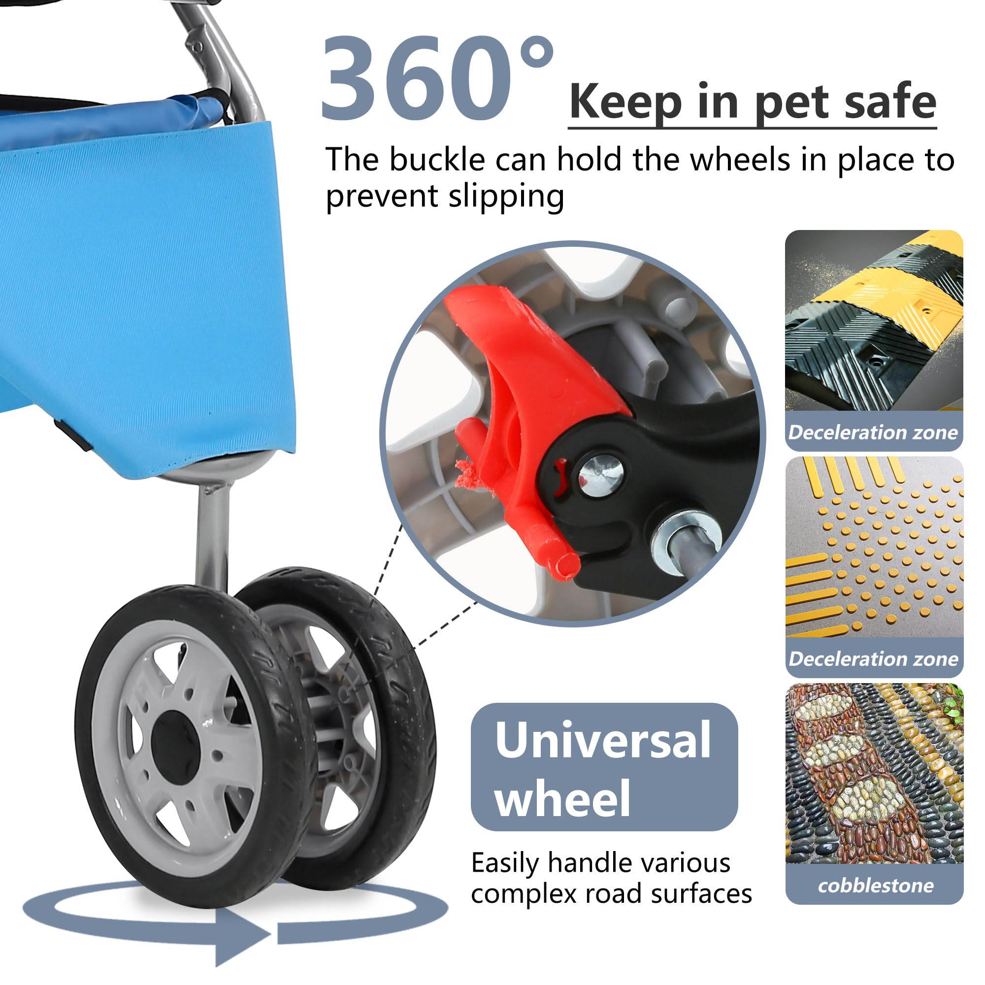 Pet Stroller 3-Wheel Durable Foldable Cat Dog Stroller with Washable Liner Storage Basket Cup Holder,Blue