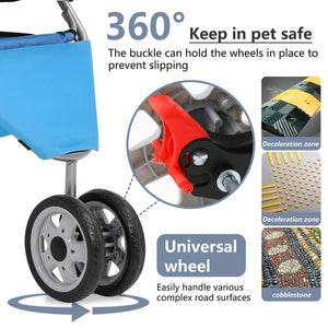Pet Stroller 3-Wheel Durable Foldable Cat Dog Stroller with Washable Liner Storage Basket Cup Holder,Blue