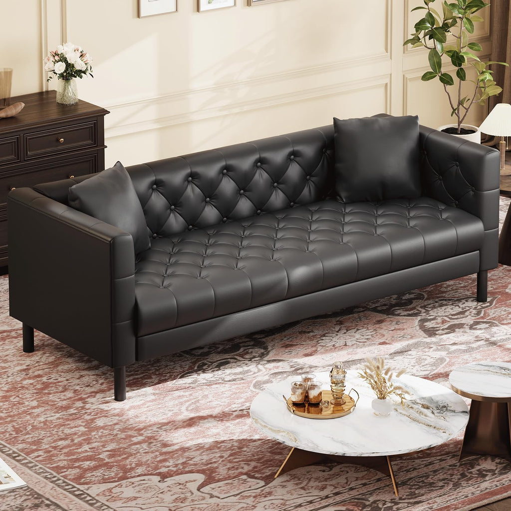 81 in Leather Couch for Living Room, Modern Leather Sofa with Deep Seat, Handmade Button Tufted 3 Seater Sofa, Chesterfield Couch for Apartment or Office, Black