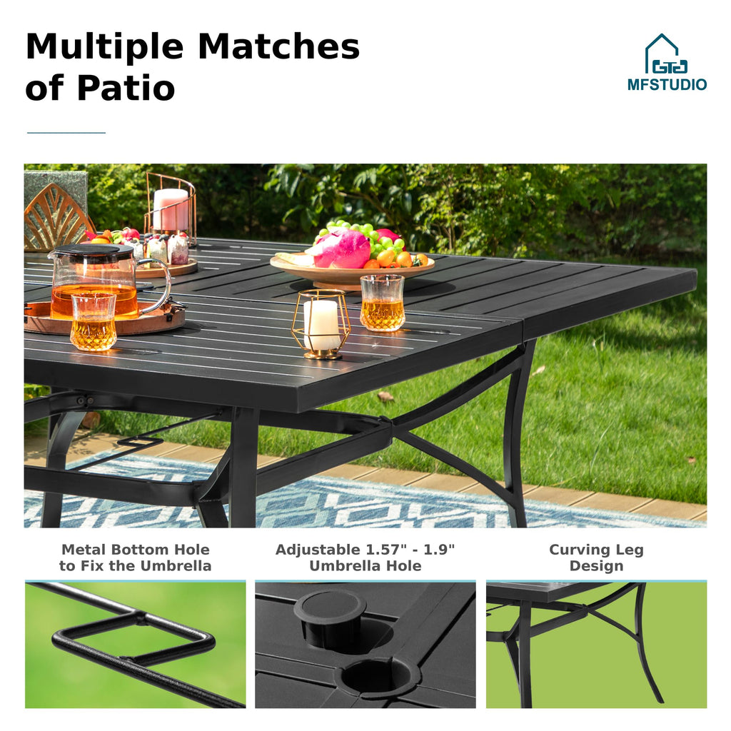 9 PCS Outdoor Patio Dining Set, 8 Metal Swivel Chairs with Removable Cushions and 1 Square Dining Table with 1.57" -1.9" Adjustable Umbrella Hole Furniture Sets for Lawn Backyard Garden
