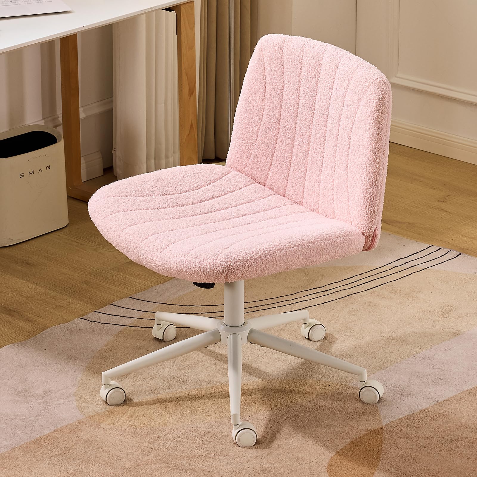 Criss Cross Legged Chair,Wide Comfy Office Desk Chair,Dual-Use with/no Wheels Computer Task Chair,Swivel Armless Vanity Boucle Chair for Study,Make Up,Home Office,Teddy Fleece,Pink