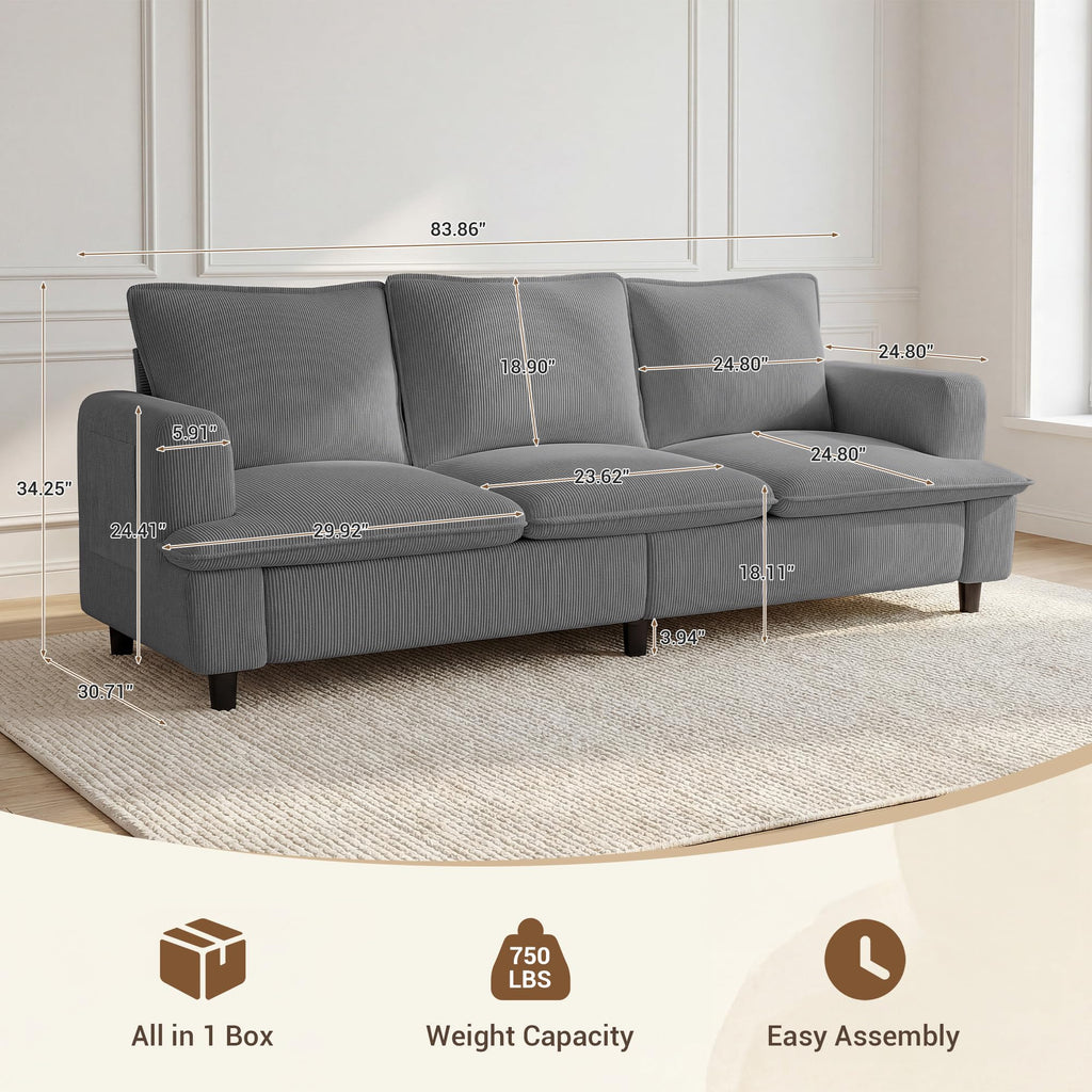 3 Seater Couch, 83" Comfy Corduroy Sofa with Deep Seat, Modern Sofa Couch for Living Room, Office, Bedroom, Apartment (Pillows not Included)