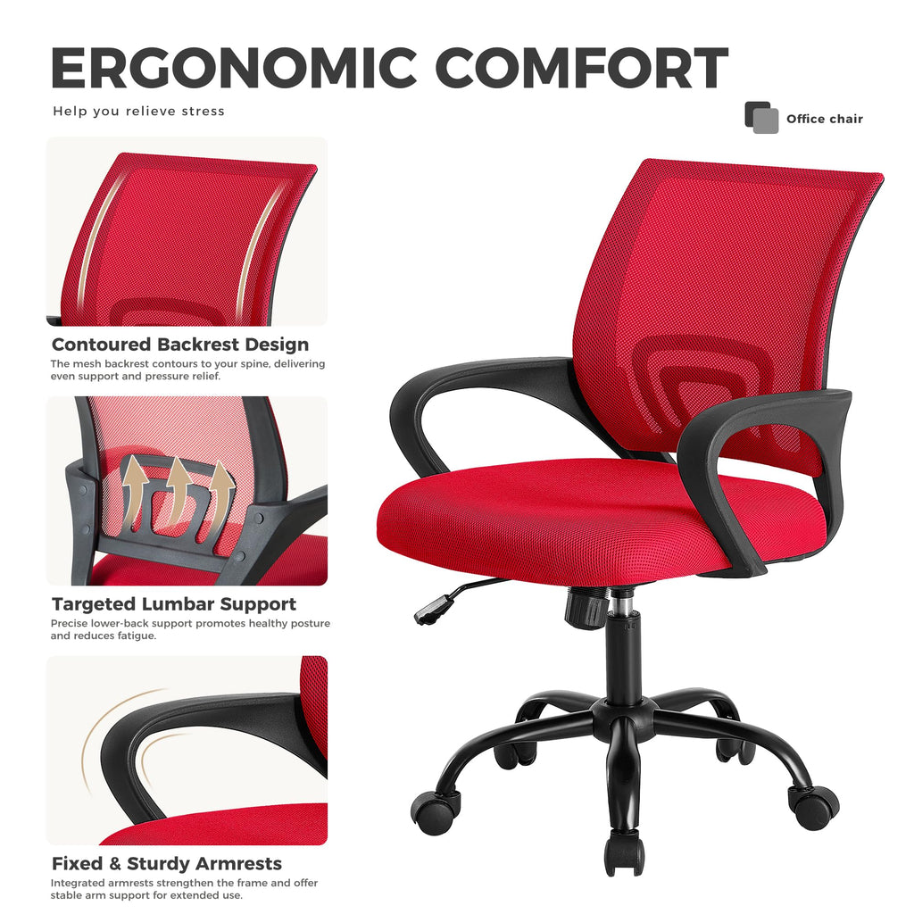 Office Desk Chair - Ergonomic Mid Back with Lumbar Support & Rocking Mode, Height Adjustable with Fixed Armrest, Storage Back for Computer, Gaming, Conference, Meeting Room, 360° Swivel, Red
