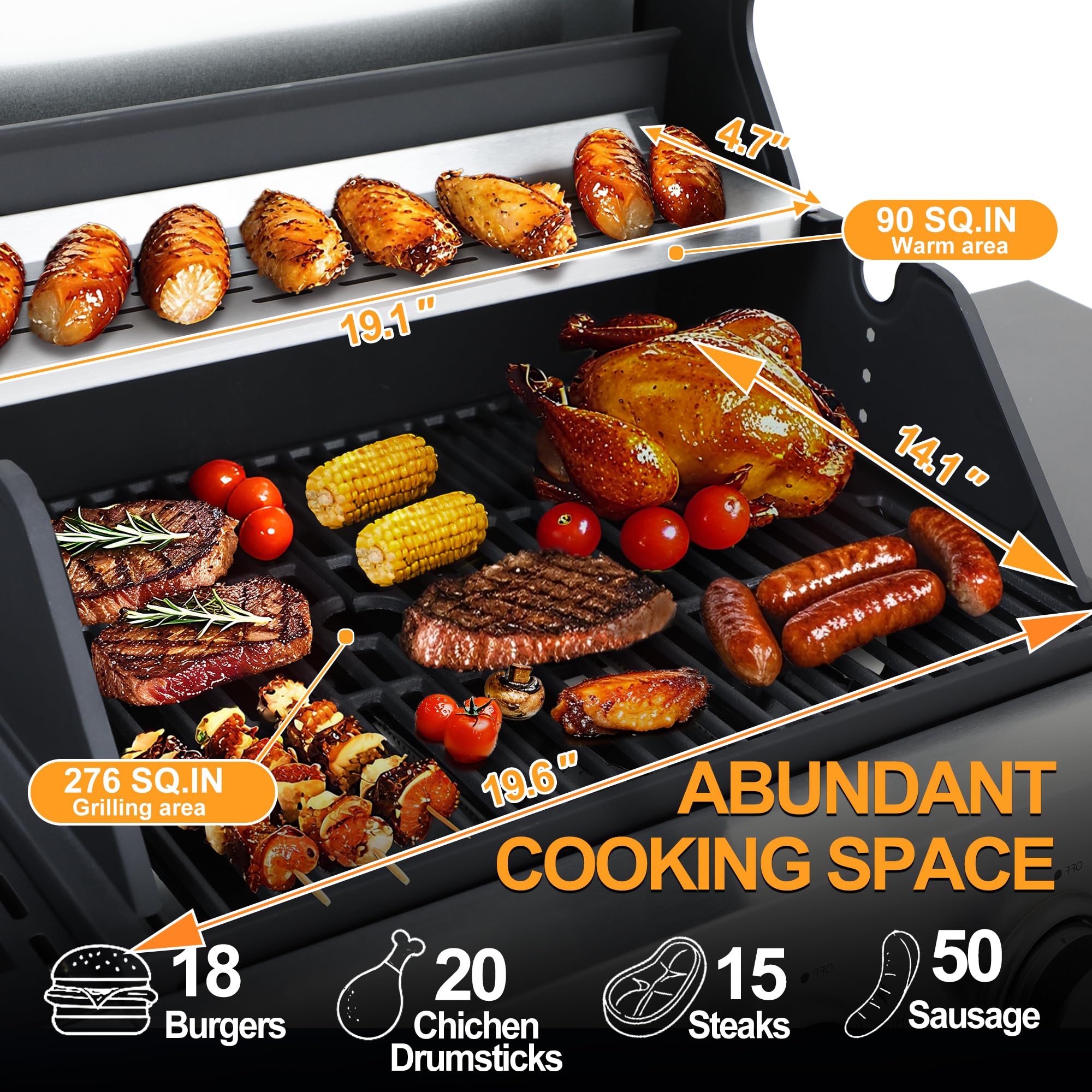 39000 BTU Output Propane Gas Grill with Side Burner and 3 Main Burners - Double-layer Stainless Steel Lid, Cast Iron Grids, Easy-Clean Grease Management & Even Heat Distribution for Perfect BBQs