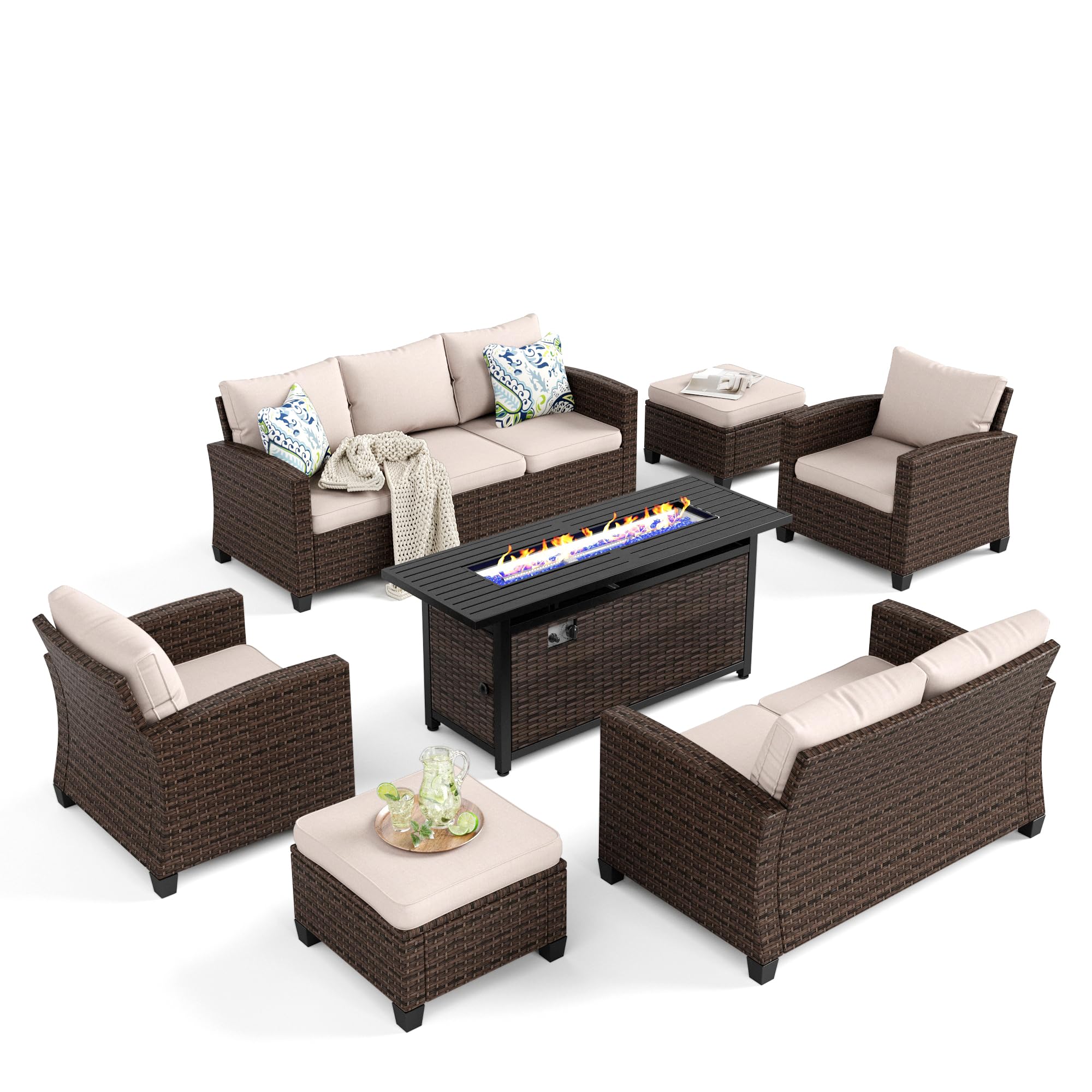 Wicker Patio Furniture Set with Fire Pit Table, Outdoor Rattan Conversation Sofa Sets for Lawn Yard