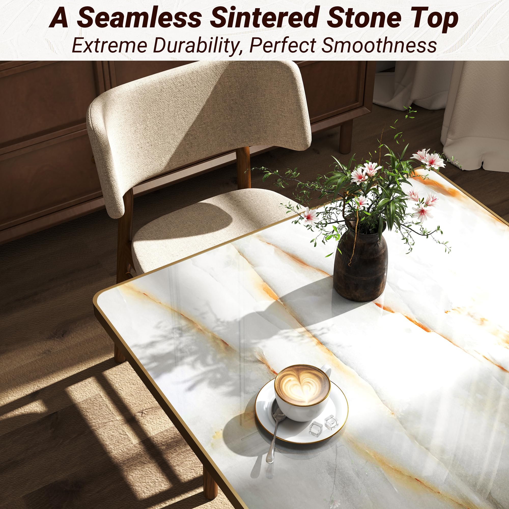 31.5" Tulip Table,Square Kitchen Dining Table for 2-4 with Thick Sintered Stone Top,Titanium Golden Pedestal Base,Heat-Resistant,Bistro Table for Dining Room,Café,Small Space（Sunrise Strings）