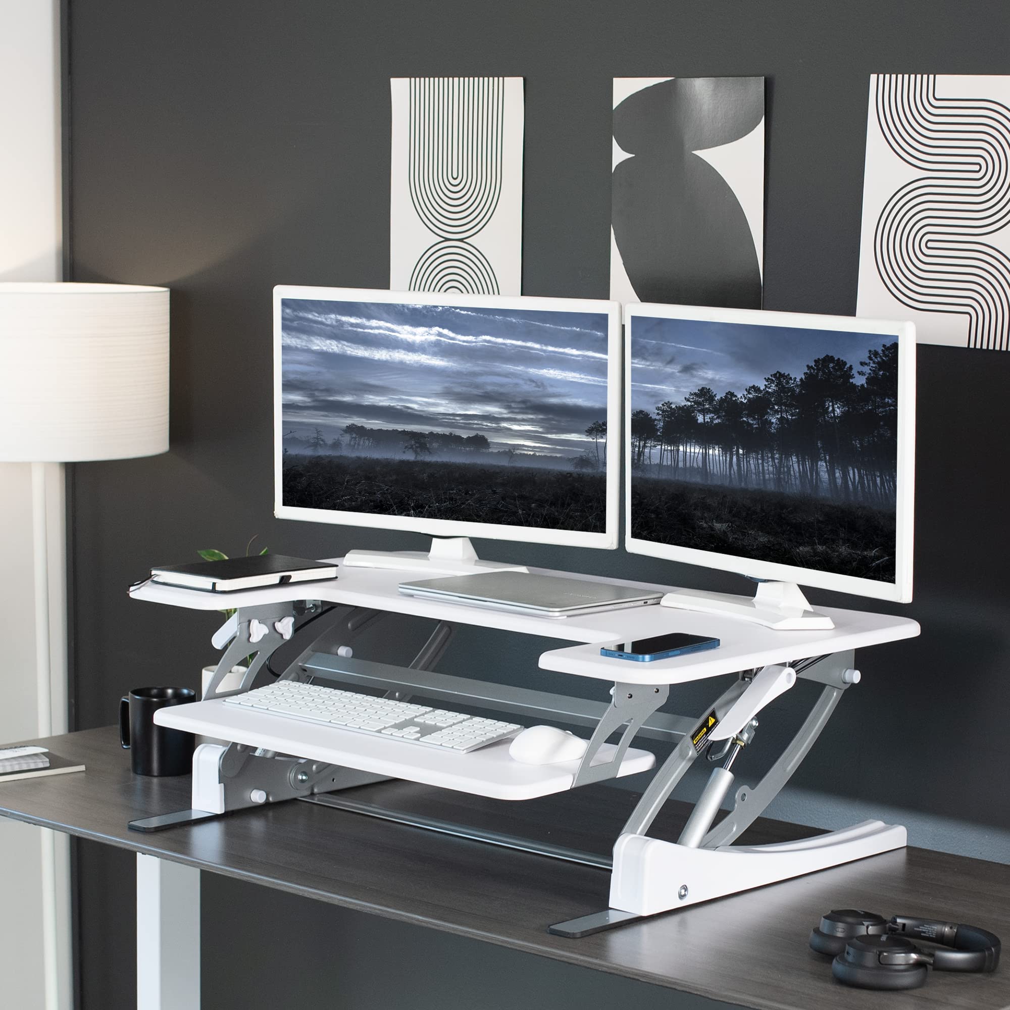 36 inch Height Adjustable Stand Up Desk Converter, V Series, Quick Sit to Stand Tabletop Dual Monitor Riser Workstation, White, DESK-V000VW