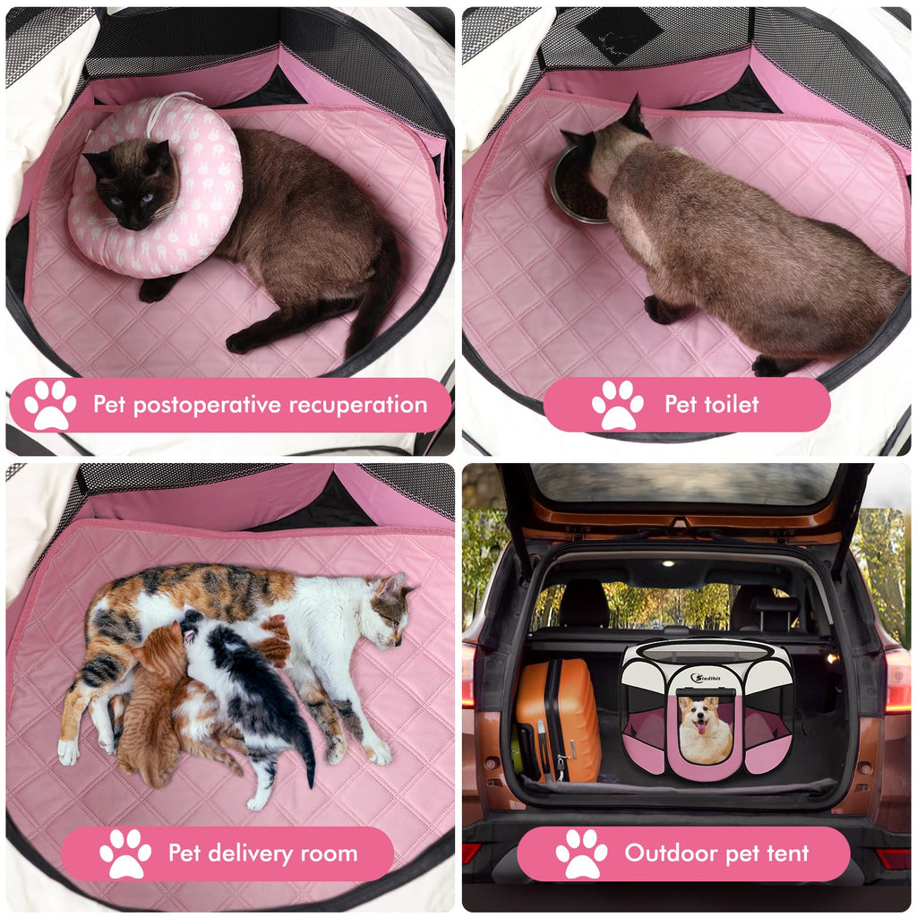 Dog Cat Playpen, Puppy Pet Playpen Indoor for Dog Crate Tent Cage Outdoor, Portable Pop Up Dogs Enclosure Kennel with Carrying Case for Dogs/Cats/Rabbits (Pink with Pad, Medium)