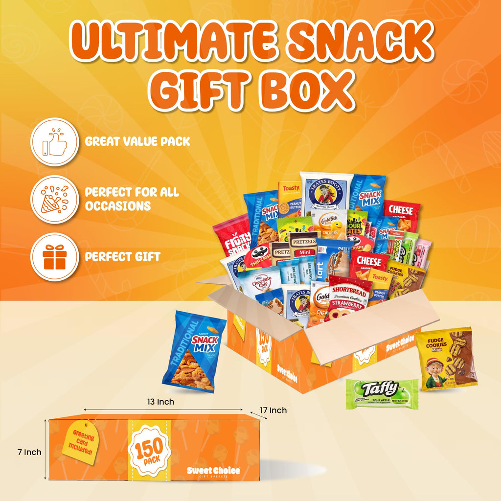 Snack Box Variety Pack (150 Count) - Bulk Snacks Variety Pack for Adults, Kids & Teens - Snacks Candy Gift Box with Chips, Cookies & Bars - Care Packages for College Students, Office & Birthdays