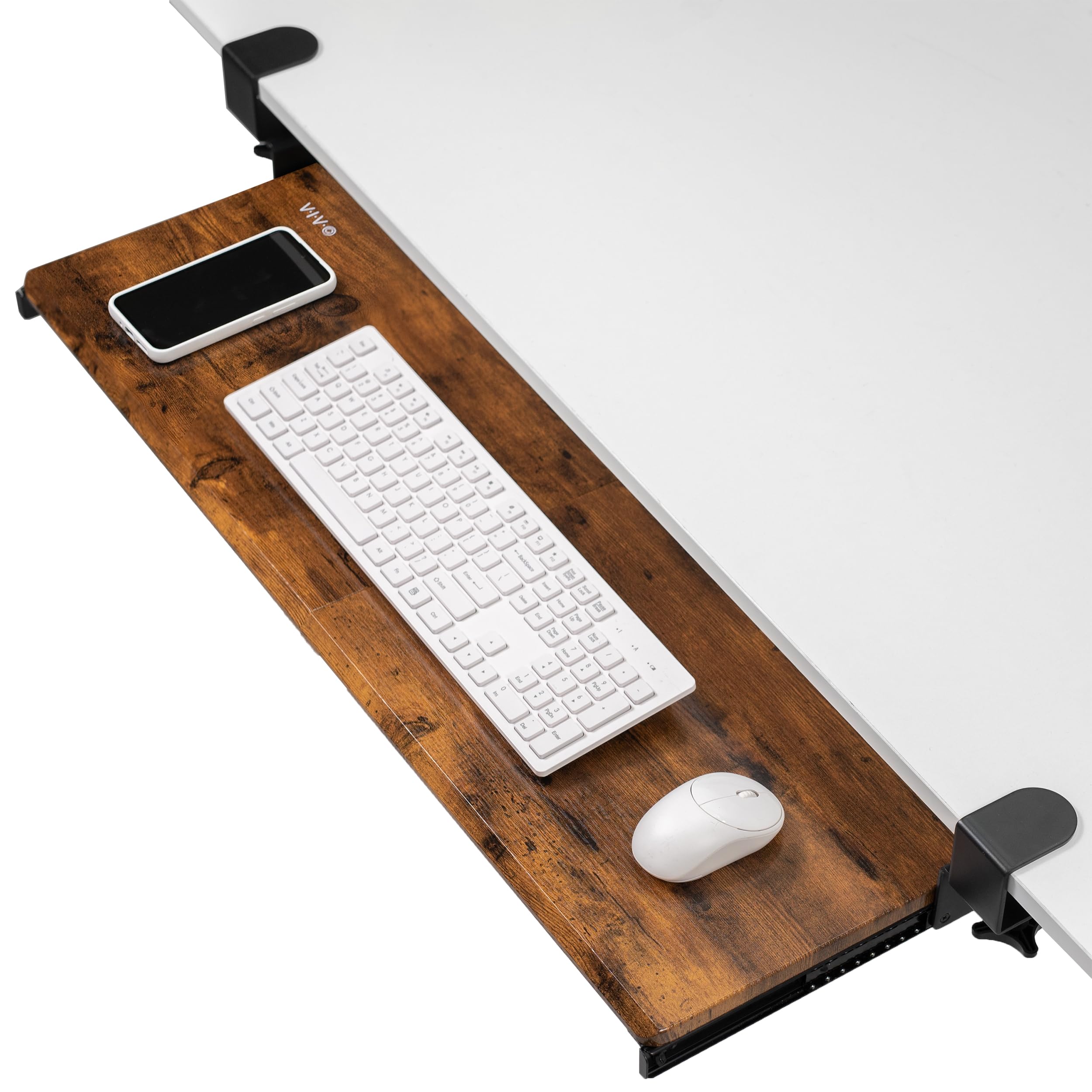 Extra Long Clamp-on Computer Keyboard and Mouse Under Desk Slider Tray, 34 x 11 inch Pull Out Platform Drawer, Rustic Vintage Brown, MOUNT-KB15EN