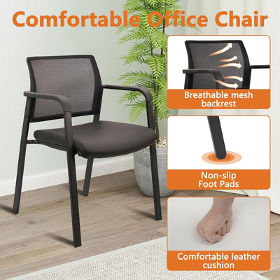 Black, Set of 8, Stackable Office Chair, Mesh Back Guest Chairs with Comfortable Leather Seat Arms Stacking Ergonomic Desk Chair No Wheels for Conference Waiting Reception School Stationary,
