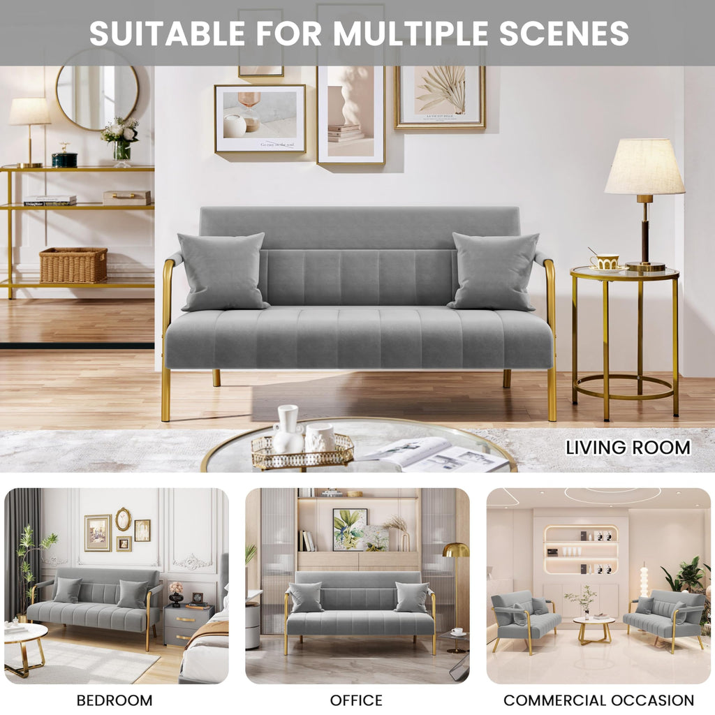 56.5" W Modern Sofa Small Sofa Luxurious Velvet Fabric Couch with Gold-Tone Metal Arms and Legs for Living Room, Home Office, Studio Light Gray