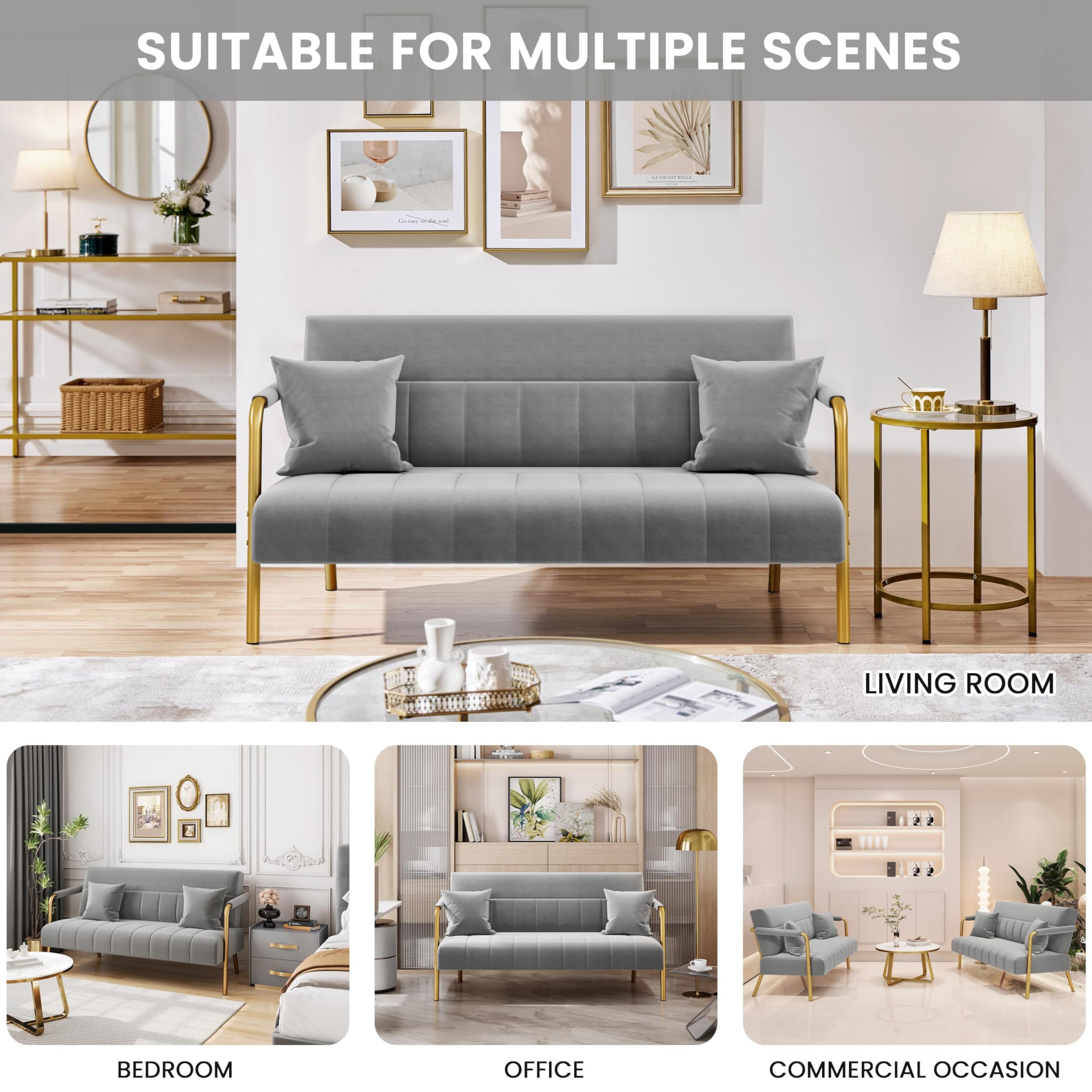 56.5" W Modern Sofa Small Sofa Luxurious Velvet Fabric Couch with Gold-Tone Metal Arms and Legs for Living Room, Home Office, Studio Light Gray