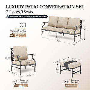 7 Piece Patio Furniture Set, 4 x Fixed Metal Cushioned Chair, 2 x Cushioned Ottoman, 1 x 3-Seat Sofa, Outdoor Conversation Set for Lawn Garden Backyard Poolside